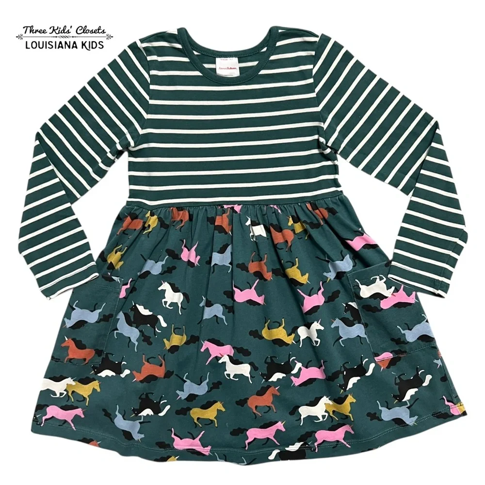 Hanna Andersson Sz 110 (5) Green Striped Unicorn Mixie Play Dress
